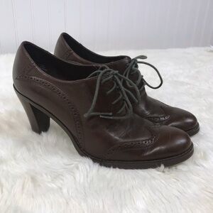 VINTAGE‎ Y2K Brown Leather WIngtip Loafer High Chunky Heel Lace Up Size 6.5